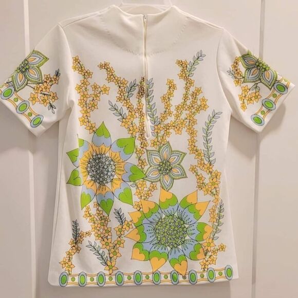 Vintage 60s Jane Colby Mod Top Bright Floral Sunflowers  Hippie Psychedelic M - Picture 2 of 10